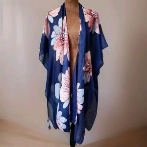 NWT Jessica McClintock Navy Blue‎ Floral Kimono Wrap Womens One Size Lightweight